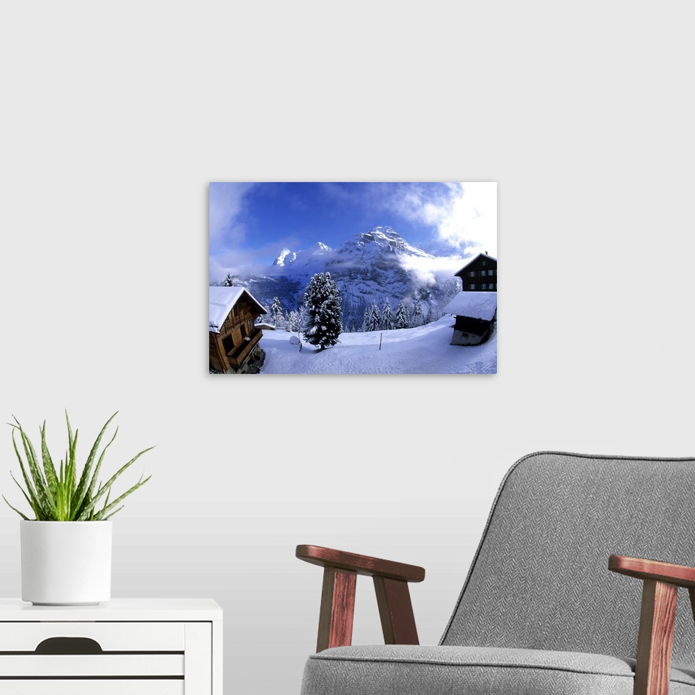 A modern room featuring Life in Switzerland beautiful snow scene in Mt Jungfrau in Murren  Switzerland