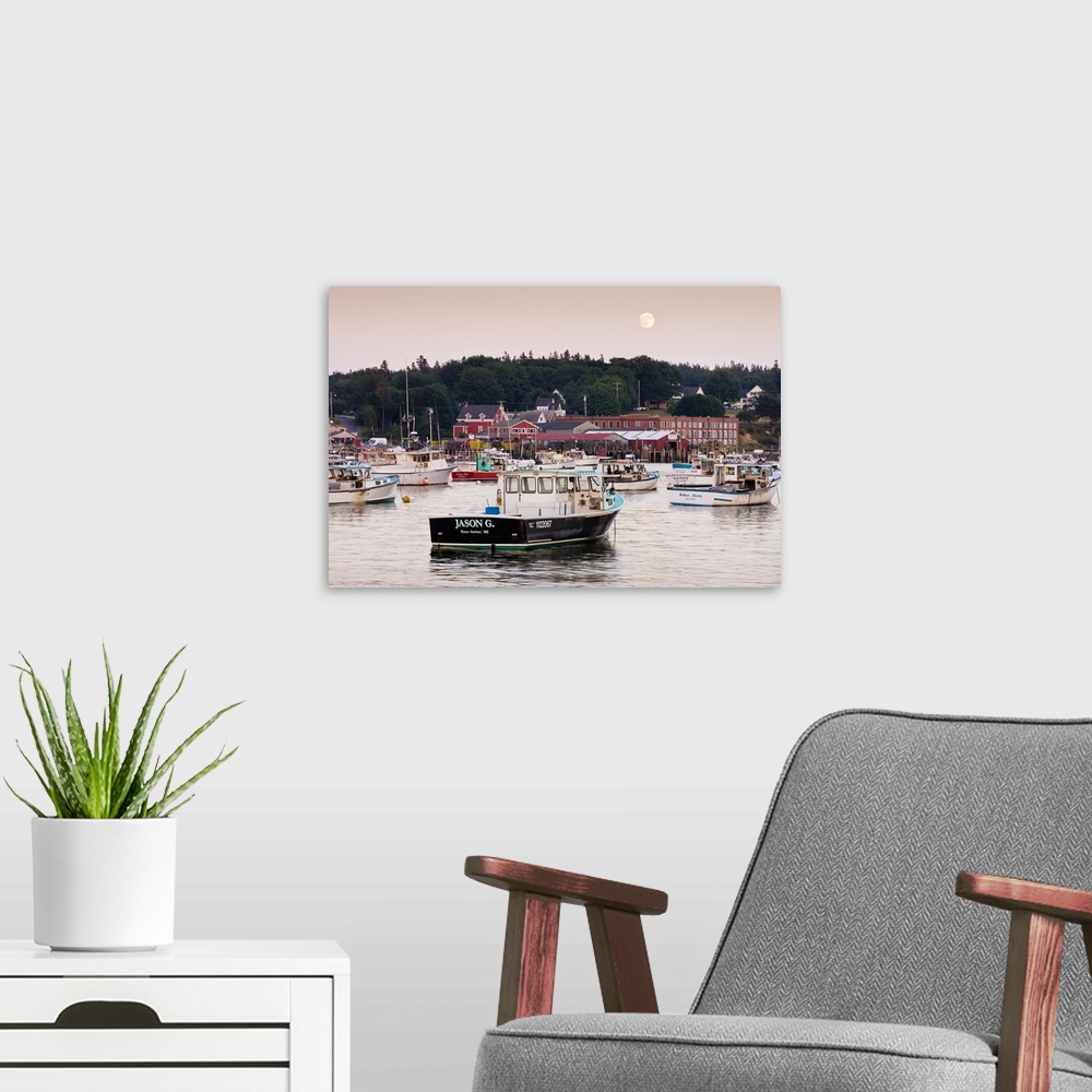 A modern room featuring Lobster and fishing boats in the harbor in Bernard, Maine.