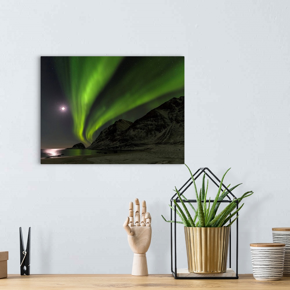 A bohemian room featuring Northern Lights over Haukland Beach, island Vestvagoy. The Lofoten islands in northern Norway dur...