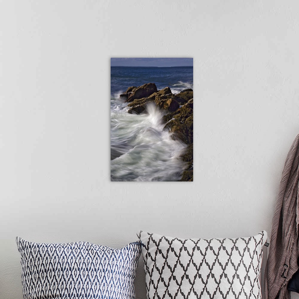 A bohemian room featuring Long exposure of wave crashing against rocky coastline, Acadia National Park, Maine