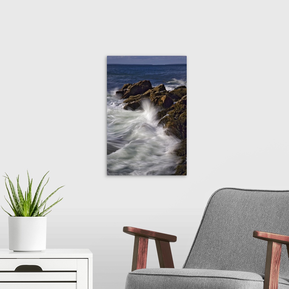 A modern room featuring Long exposure of wave crashing against rocky coastline, Acadia National Park, Maine