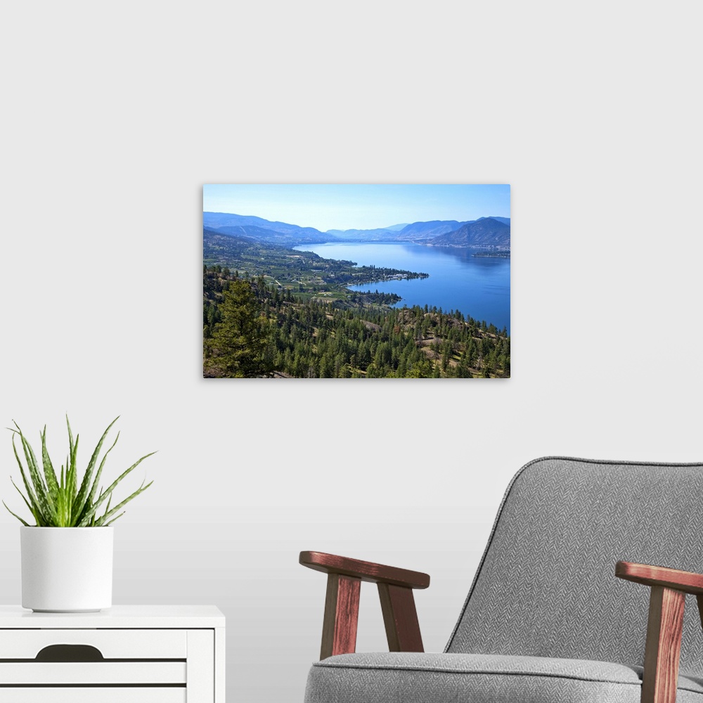 A modern room featuring Looking down onto Okanangan Lake near Penticton British Columbia Canada