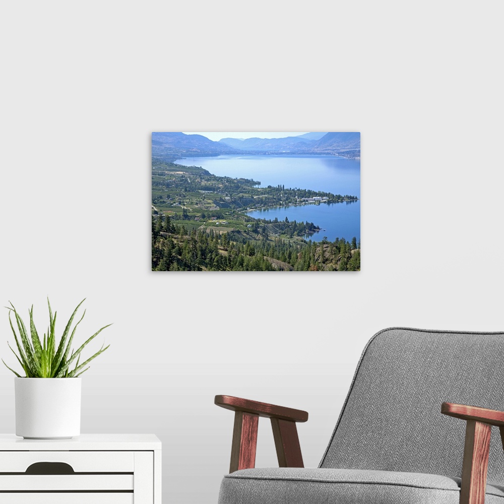 A modern room featuring Looking down onto Okanangan Lake near Penticton British Columbia Canada