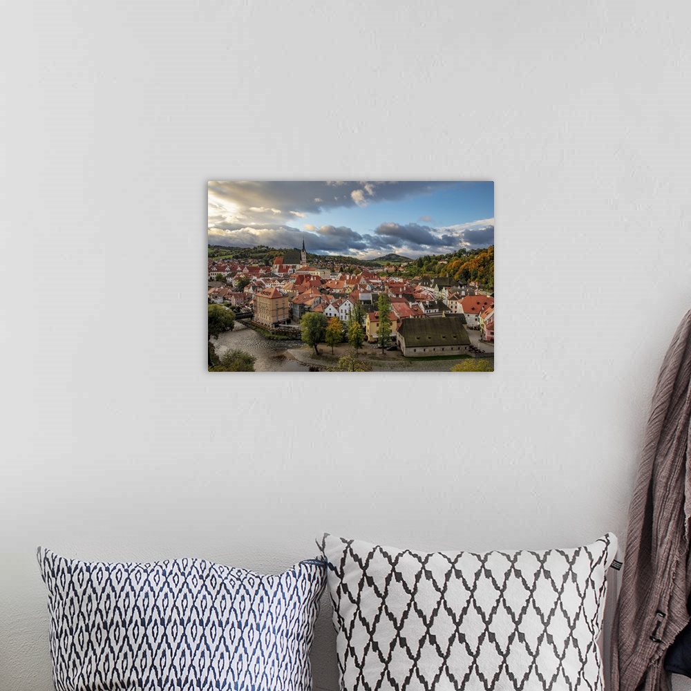 A bohemian room featuring Looking down onto the village of cesky krumlov, Czech republic.