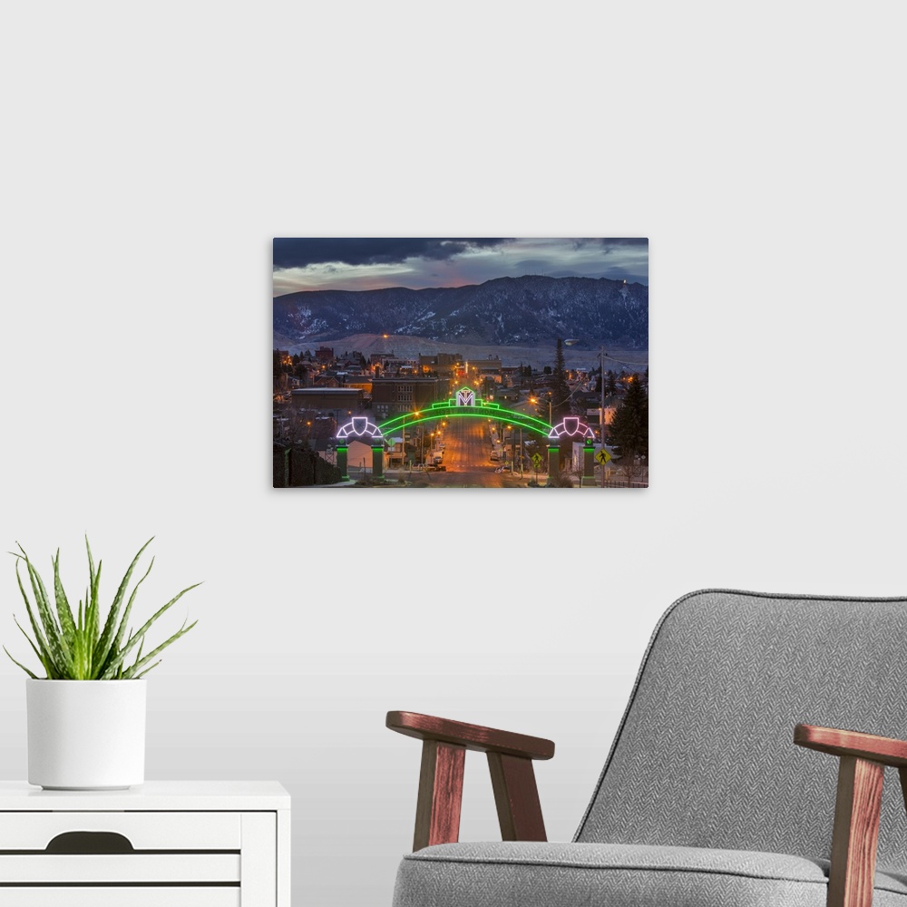 A modern room featuring Looking down Park Street from Montana Tech campus at dawn in Butte, Montana, USA