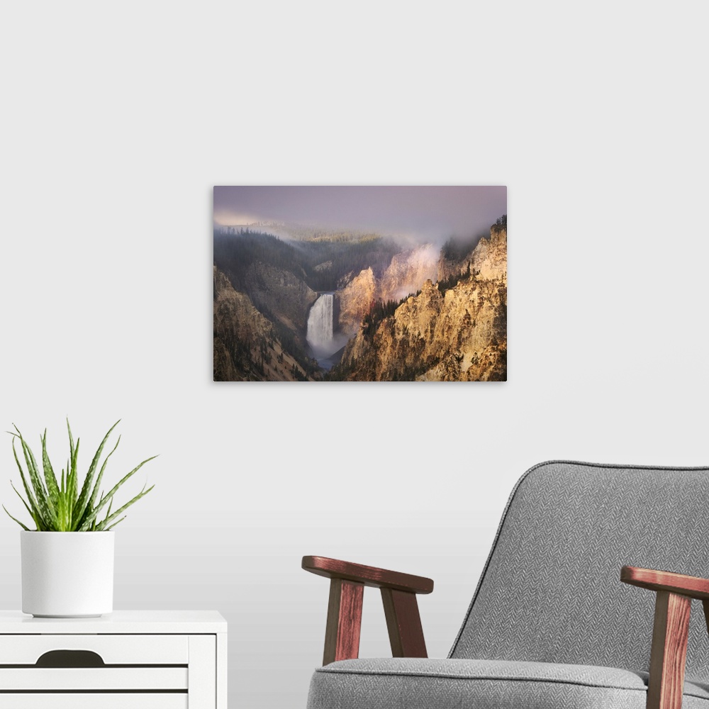 A modern room featuring Lower Falls at sunrise from Artist Point, Yellowstone National Park, Wyoming. United States, Wyom...