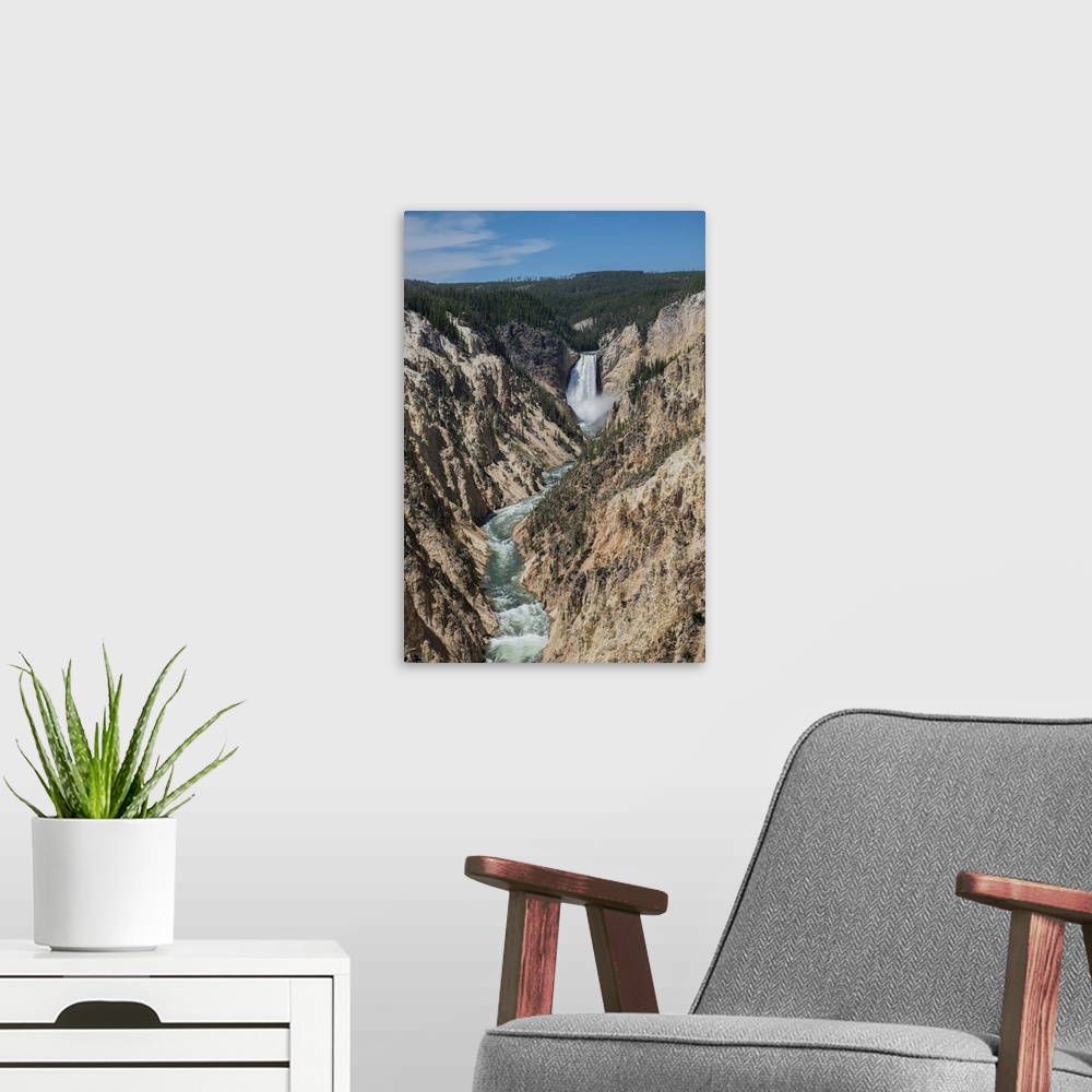 A modern room featuring Lower Yellowstone Falls, Grand Canyon of the Yellowstone, Yellowstone National Park, Wyoming, USA.