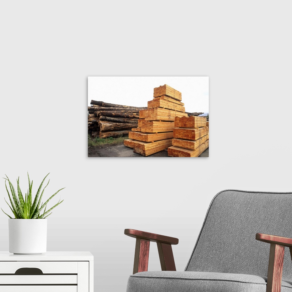 A modern room featuring Lumber forestry industry at sawhill pulp plant in Quesnel, British Columbia