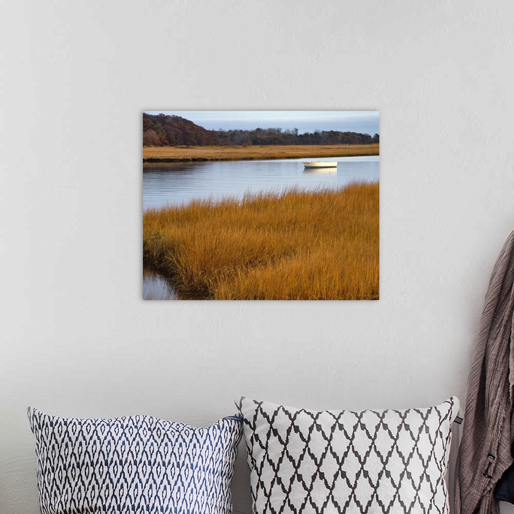A bohemian room featuring USA, Maine. Boat anchored in Mousam River.