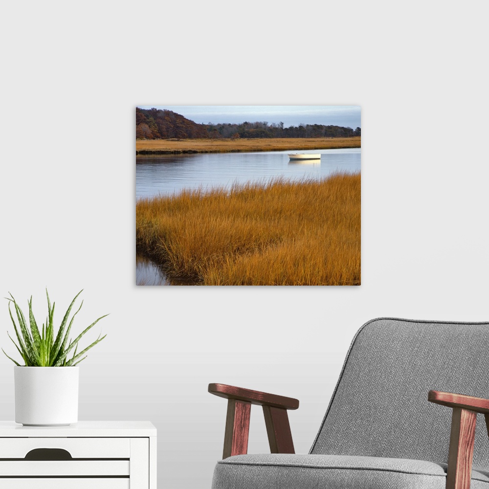 A modern room featuring USA, Maine. Boat anchored in Mousam River.