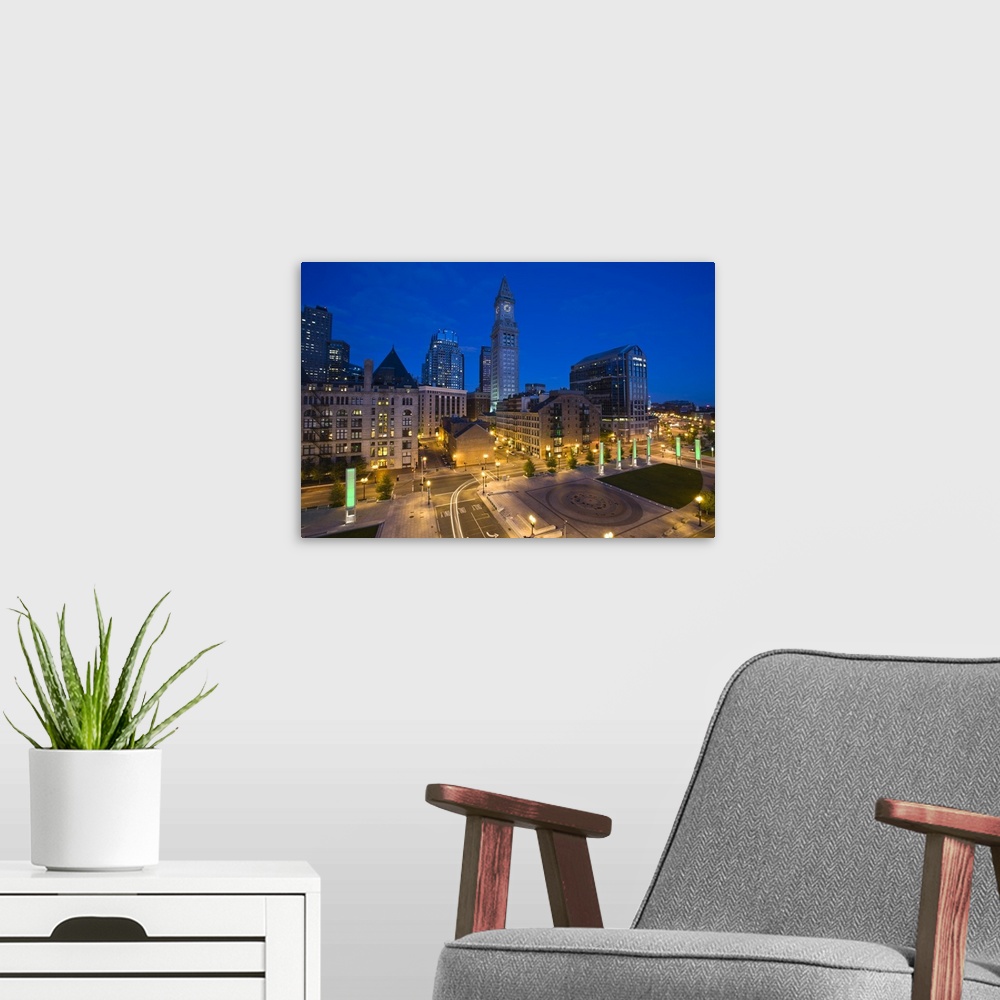 A modern room featuring USA, Massachusetts, Boston. Atlantic Avenue Greenway and Customs House, elevated view, dawn.