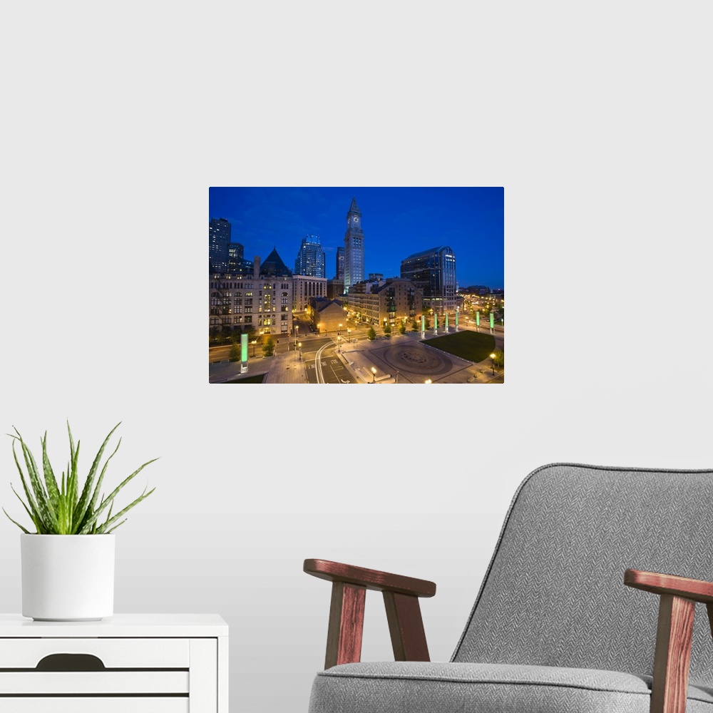 A modern room featuring USA, Massachusetts, Boston. Atlantic Avenue Greenway and Customs House, elevated view, dawn.