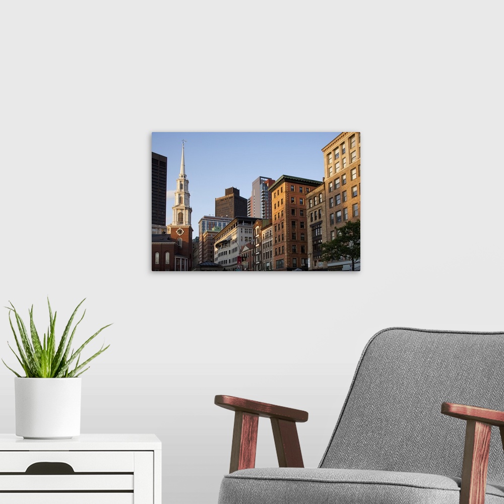 A modern room featuring USA, Massachusetts, Boston, Old North Church and city skyline on s[ring evening