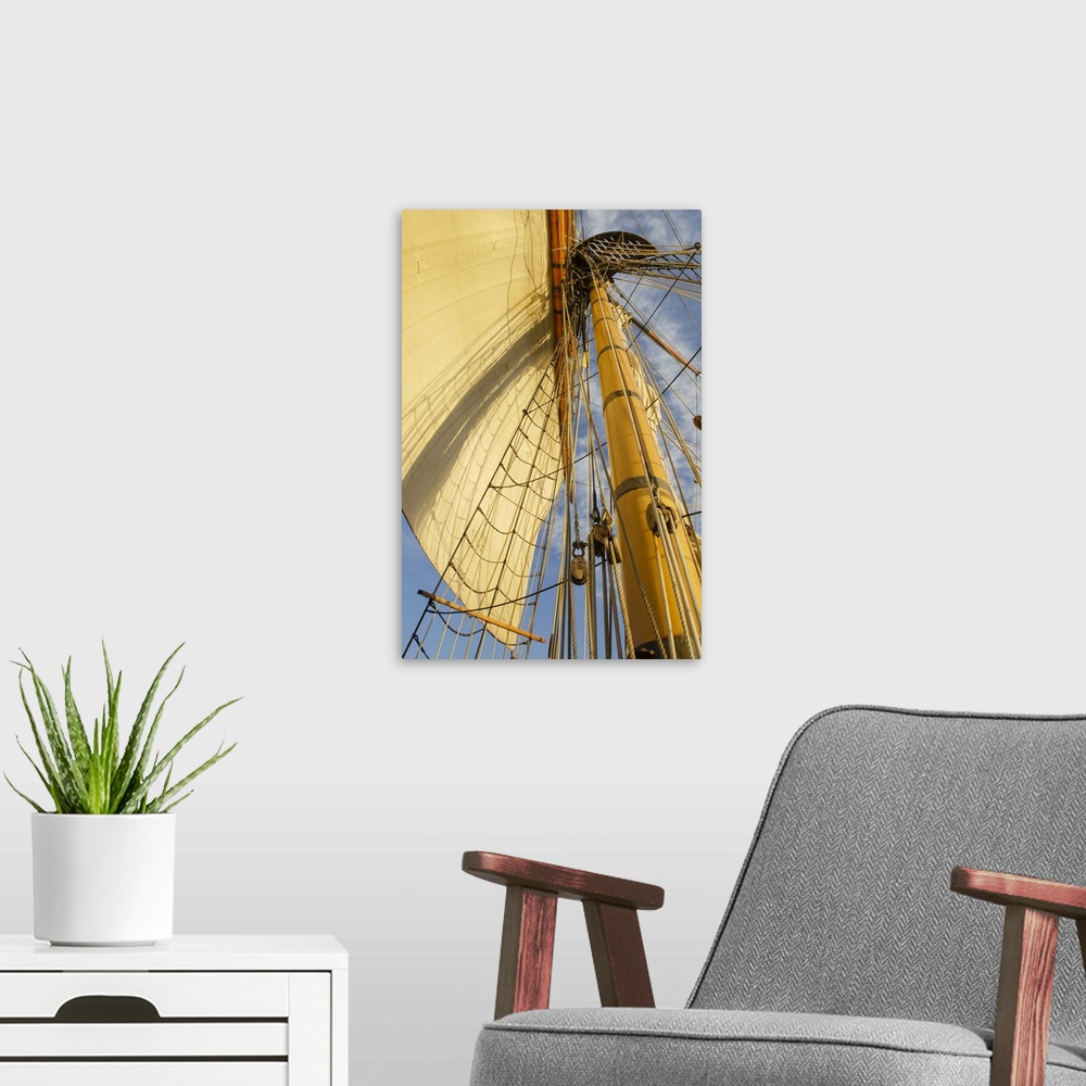 A modern room featuring Mast rigging and sails of Hawaiian Chieftain, a Square Topsail Ketch. Owned and operated by the G...