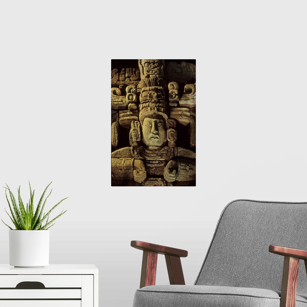 A modern room featuring Maya, Honduras, Copan, Corn God.