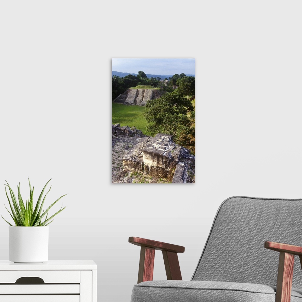 A modern room featuring Mayan ruins at Altun Ha, Belize, Central America.