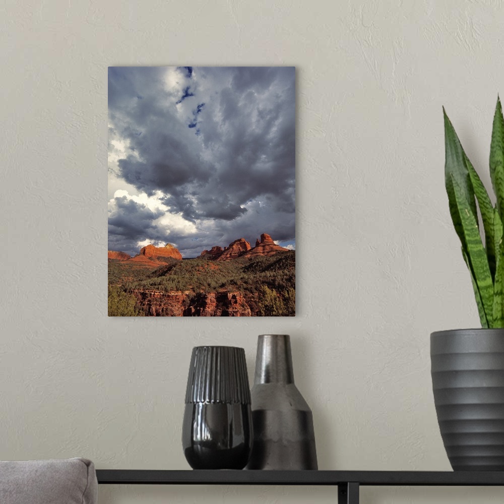 A modern room featuring USA, Arizona, Oak Creek Canyon. Menacing clouds race through the red rocks of Oak Creek Canyon in...