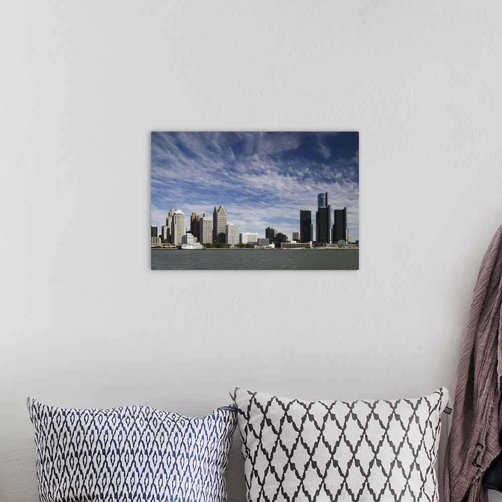 A bohemian room featuring USA-Michigan-Detroit:.City Skyline along Detroit River from Windsor Ontario, CANADA - Morning