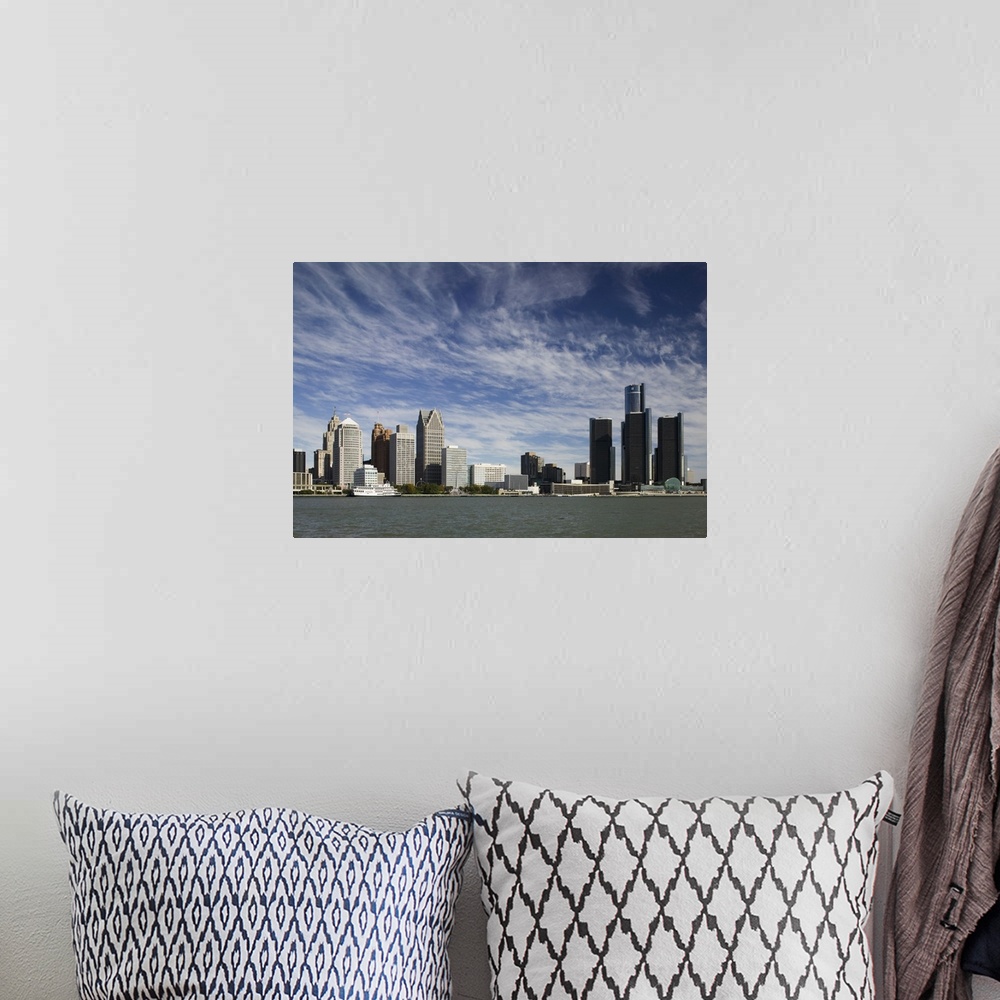 A bohemian room featuring USA-Michigan-Detroit:.City Skyline along Detroit River from Windsor Ontario, CANADA - Morning
