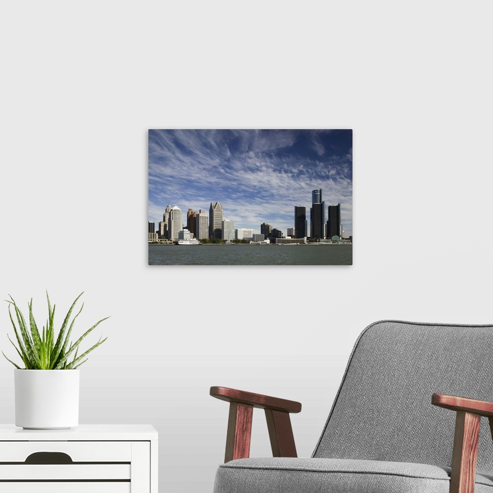 A modern room featuring USA-Michigan-Detroit:.City Skyline along Detroit River from Windsor Ontario, CANADA - Morning