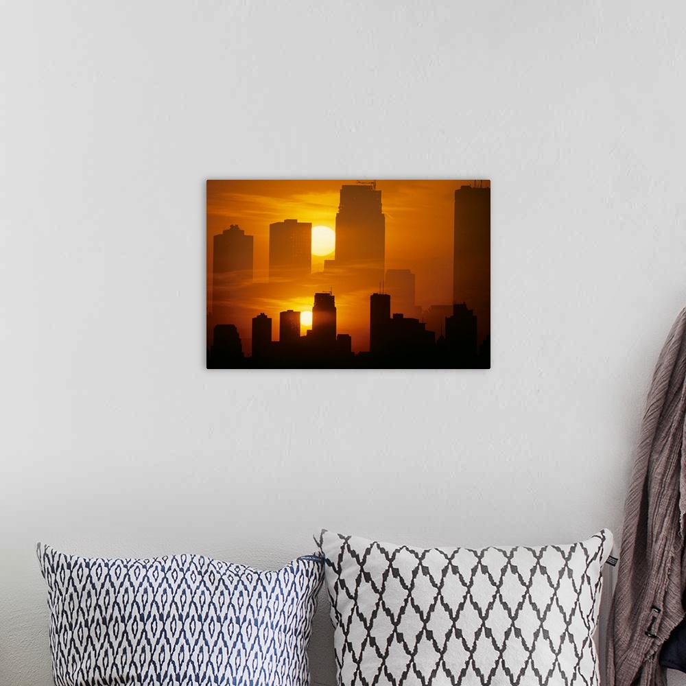 A bohemian room featuring USA, Minnesota, Minneapolis. Multiple exposure of a city skyline.