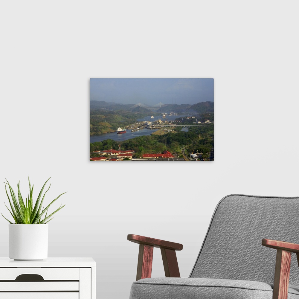A modern room featuring Aerial image of Mira Flores and Pedro Miguel locks of the Panama Canal, close to Panama City, Pan...