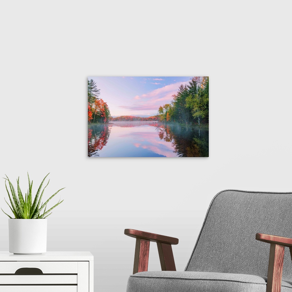 A modern room featuring Autumn Colors and mist reflecting on Council Lake at sunrise, Hiawatha National Forest, Upper Pen...