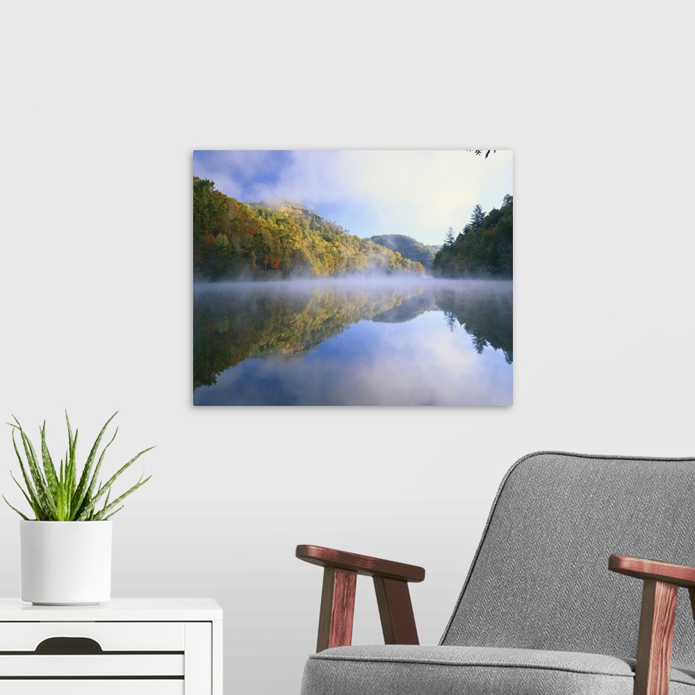 A modern room featuring Mist rising from Milcreek lake, Daniel Boone National Forest, Kentucky