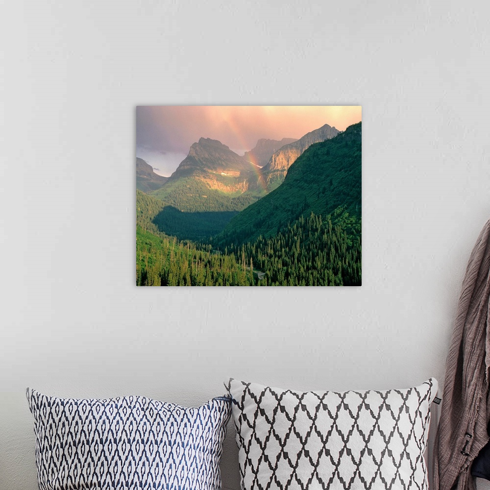 A bohemian room featuring USA, Montana, Glacier NP. A rainbow graces the mountains seen from Going-to-the-Sun Highway, Glac...