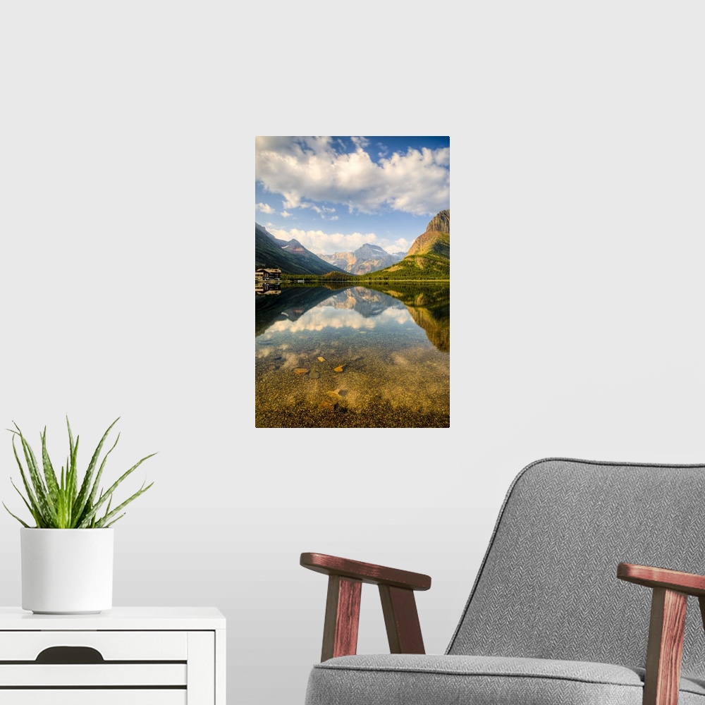 A modern room featuring MT, Glacier National Park, Many Glacier, Swiftcurrent Lake, with Many Glacier hotel and Grinnell ...