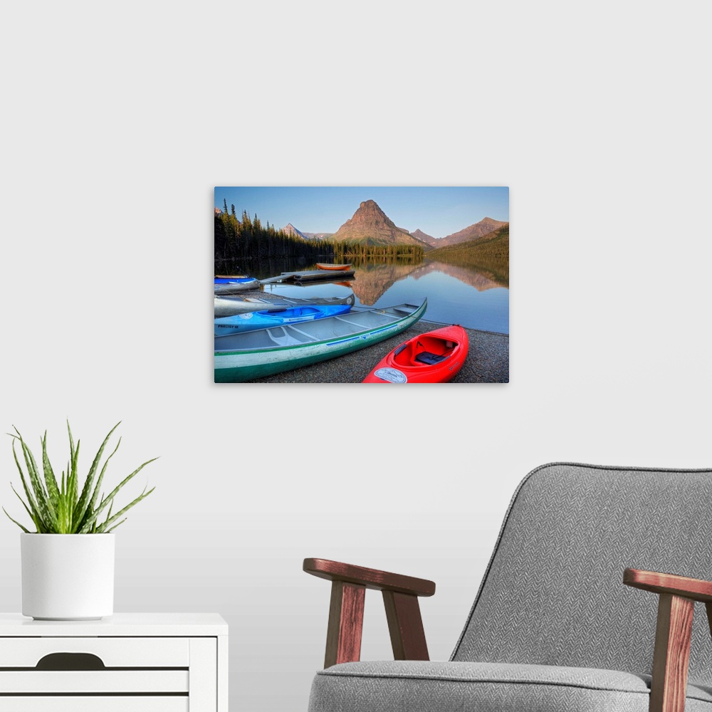 A modern room featuring MT, Glacier National Park, Two Medicine Lake and Sinopah Mountain