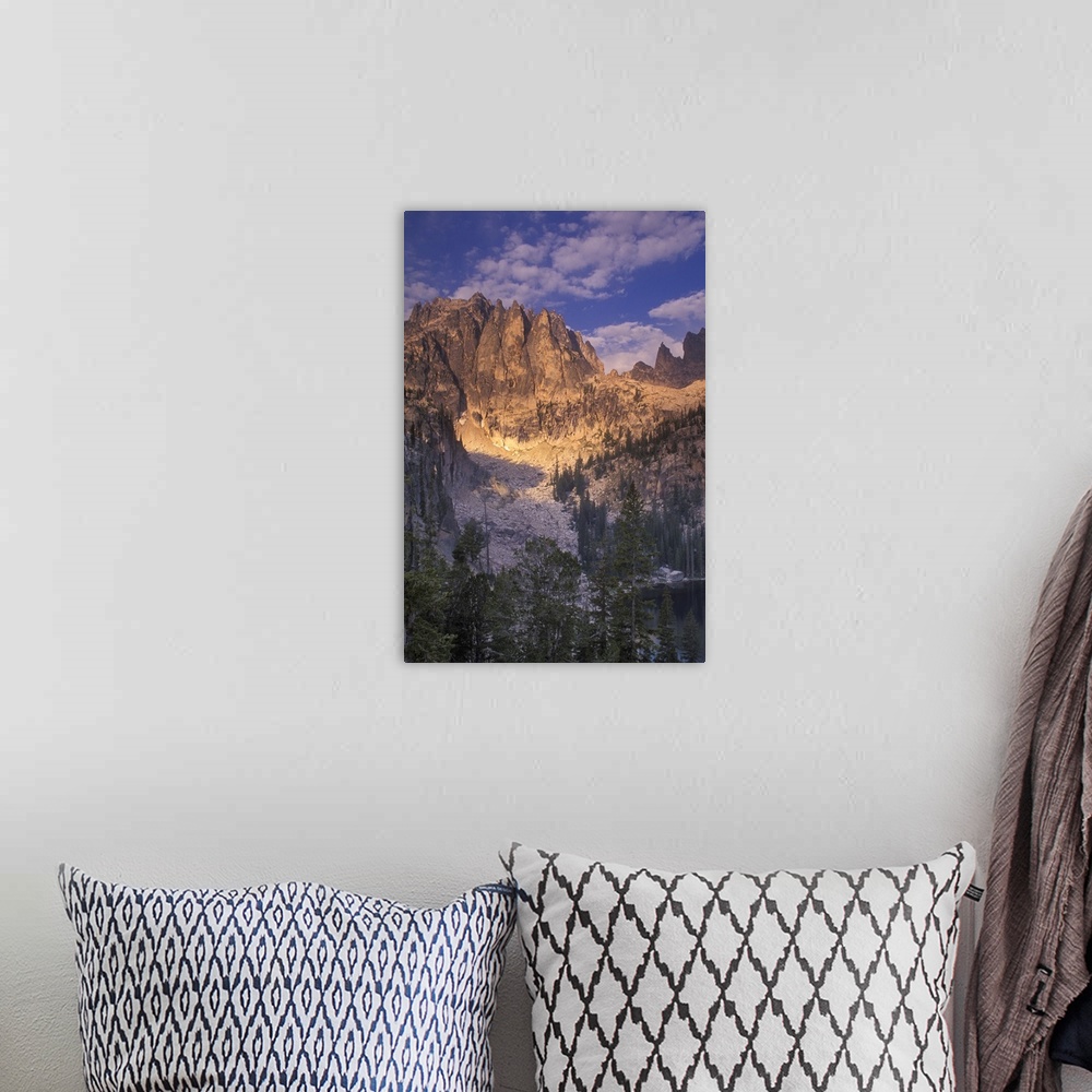 A bohemian room featuring Monte Verita Peak, Long Mountain, and Warbonnet Peak above Upper Baron Lake in the Sawtooth Wilde...