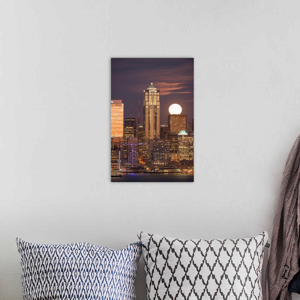 A bohemian room featuring Moonrise behind the downtown Seattle skyline, Seattle, WA