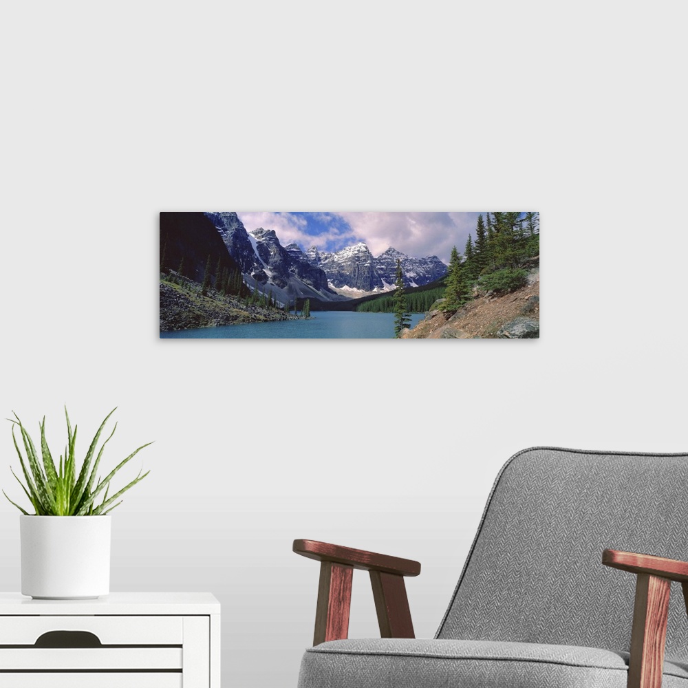 A modern room featuring Canada, Alberta, Moraine Lake. Clouds hide the peaks of Moraine Lake in the Valley of the Ten Pea...