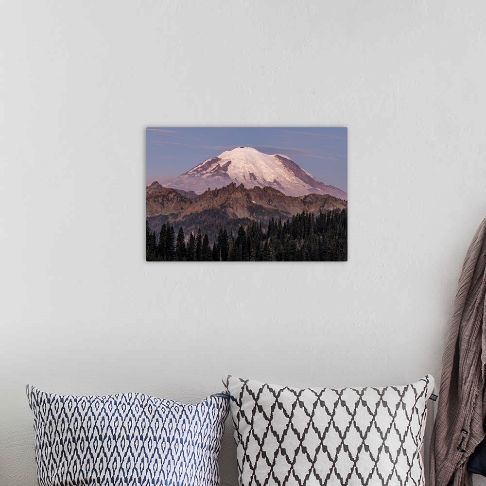 A bohemian room featuring Mount Rainier at sunrise in Mount Rainier National Park, Washington State, USA.