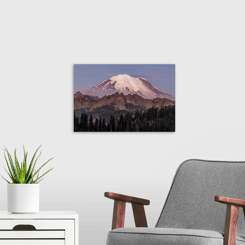 A modern room featuring Mount Rainier at sunrise in Mount Rainier National Park, Washington State, USA.