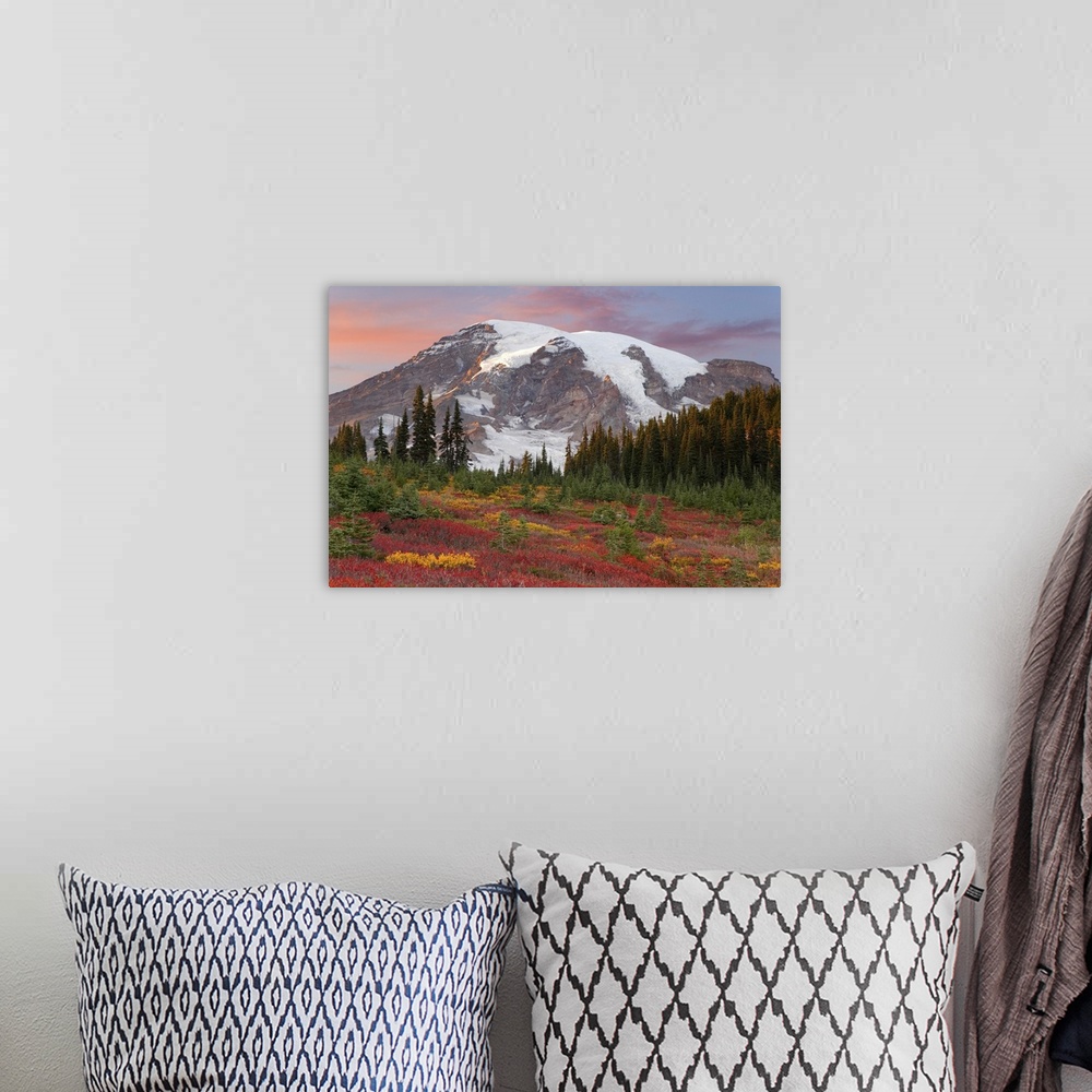 A bohemian room featuring Washington, Mount Rainier National Park, sunset highlights on mountain  and fall-colored meadow i...