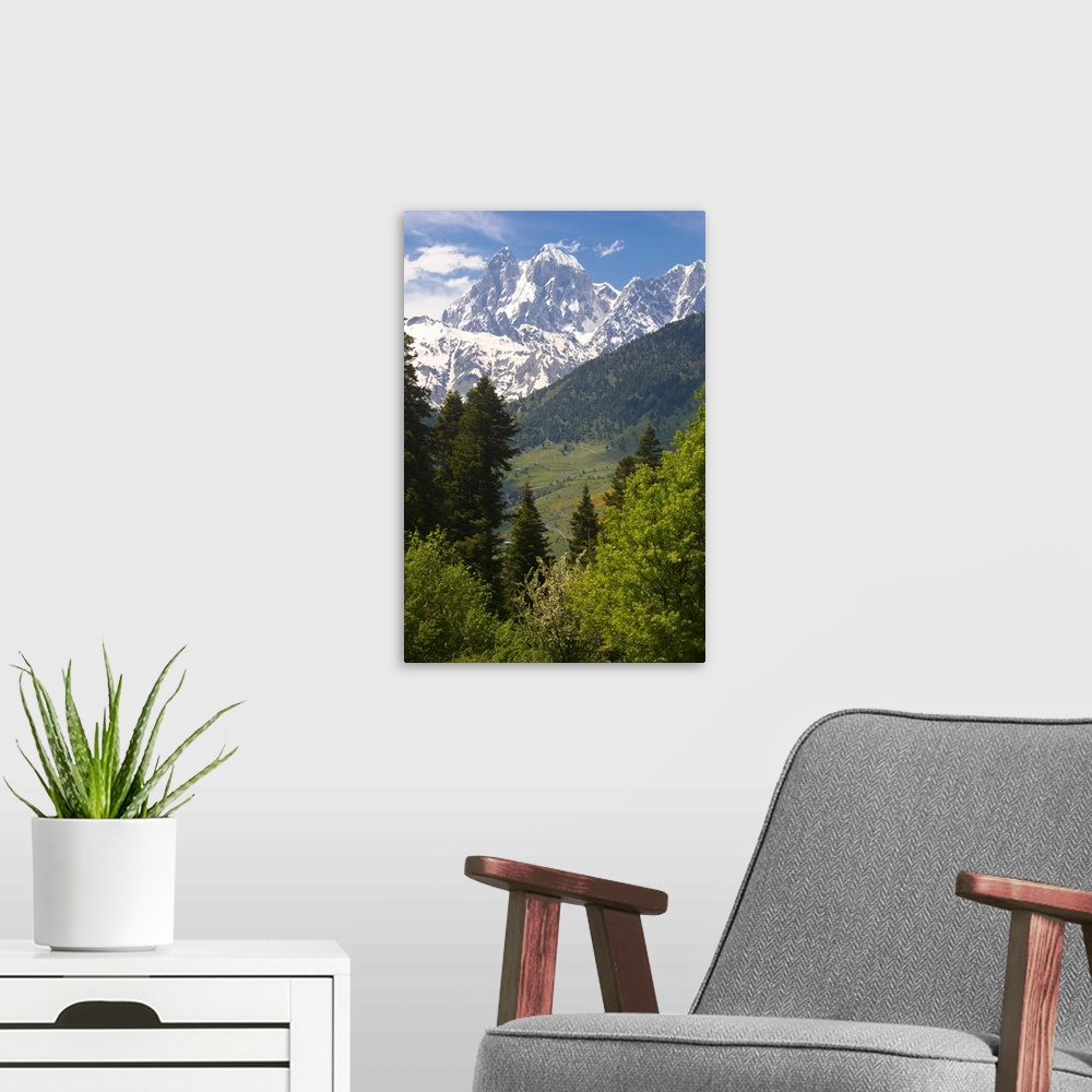A modern room featuring Mountain scenery of Svanetia with Mount Ushba in the background, Georgia.