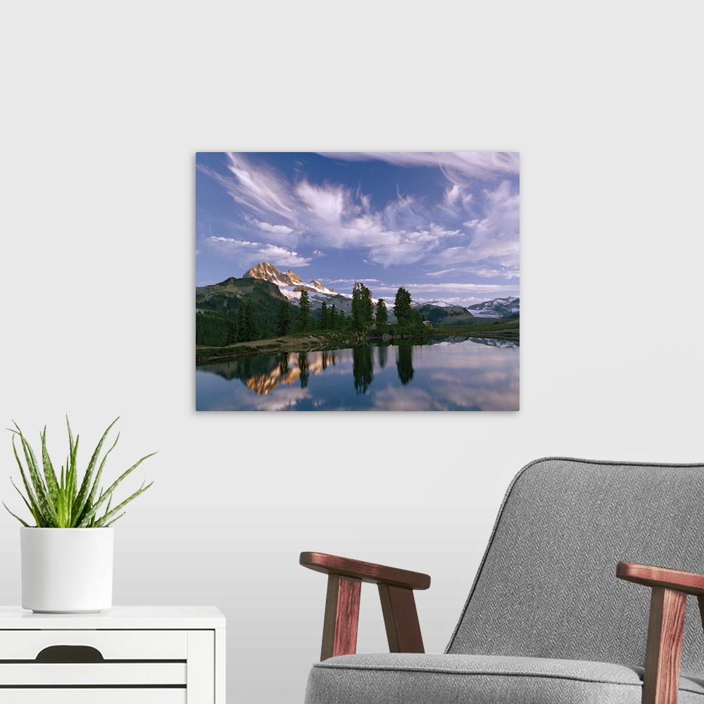 A modern room featuring Under a sky of wispy clouds, Mount Garibaldi towers over Elfin Lakes in Mount Garibaldi Provincia...