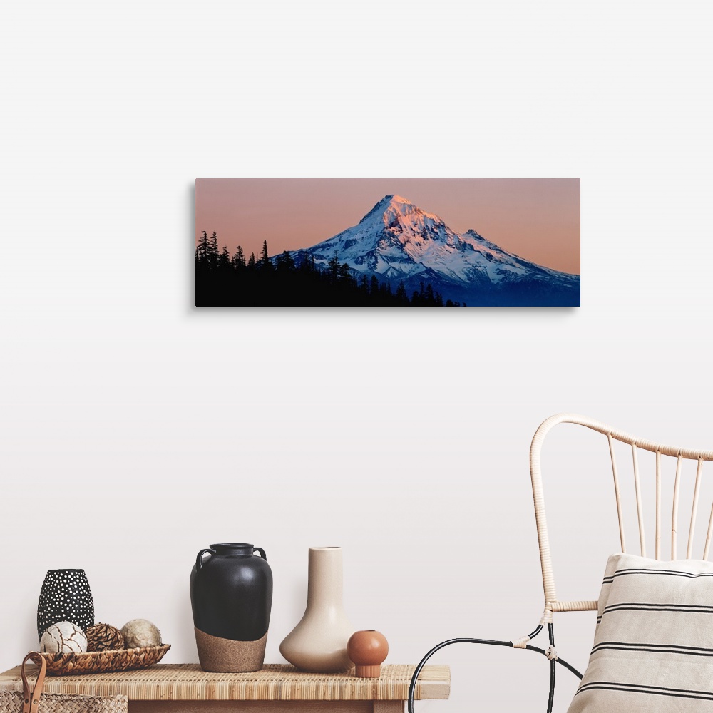 A farmhouse room featuring USA, Oregon, Mt Hood. Mt Hood reflects the light from the setting sun in the Cascades Range, Oregon.