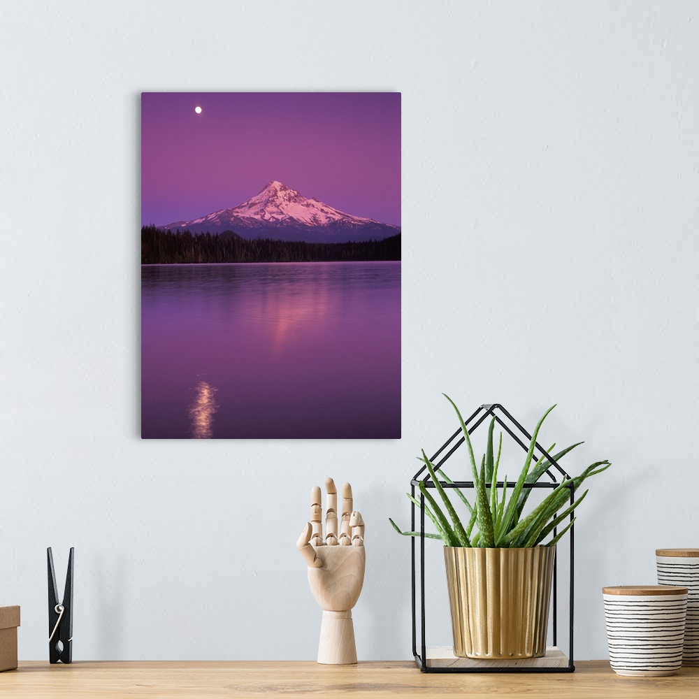 A bohemian room featuring Mt Hood seen in moon light at night, Lost Lake, Oregon Cascades.