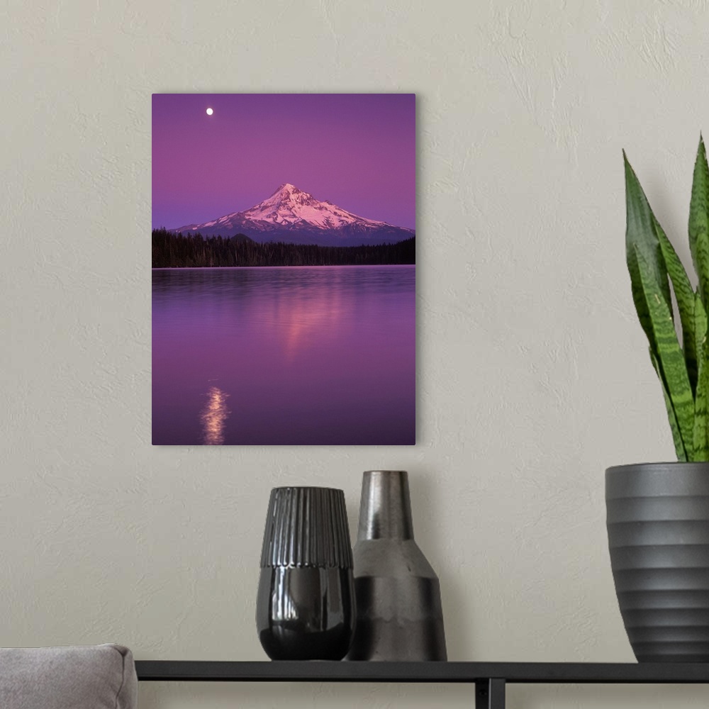 A modern room featuring Mt Hood seen in moon light at night, Lost Lake, Oregon Cascades.
