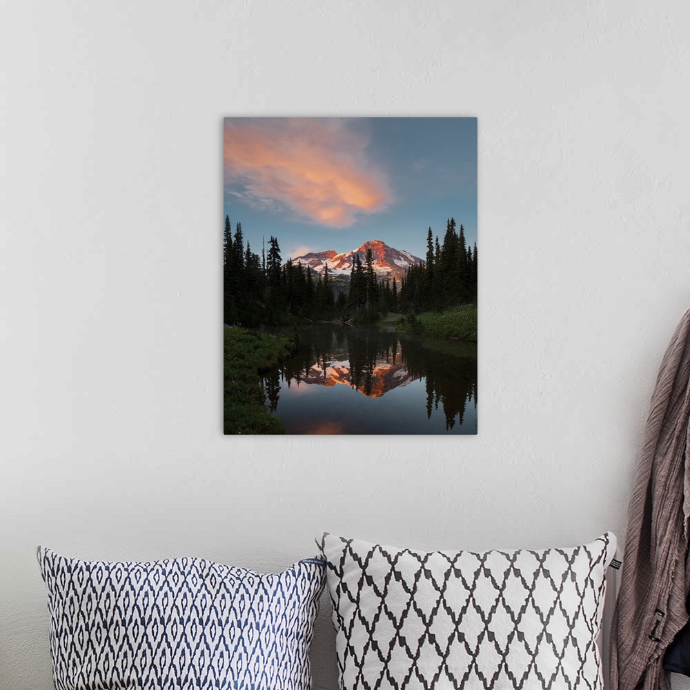A bohemian room featuring USA, Washington State. Mt. Rainier reflected in Mirror pond at sunset, at Indian Henry's Hunting ...