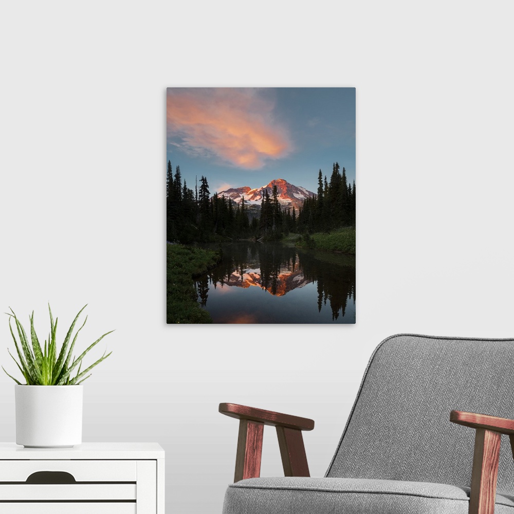 A modern room featuring USA, Washington State. Mt. Rainier reflected in Mirror pond at sunset, at Indian Henry's Hunting ...