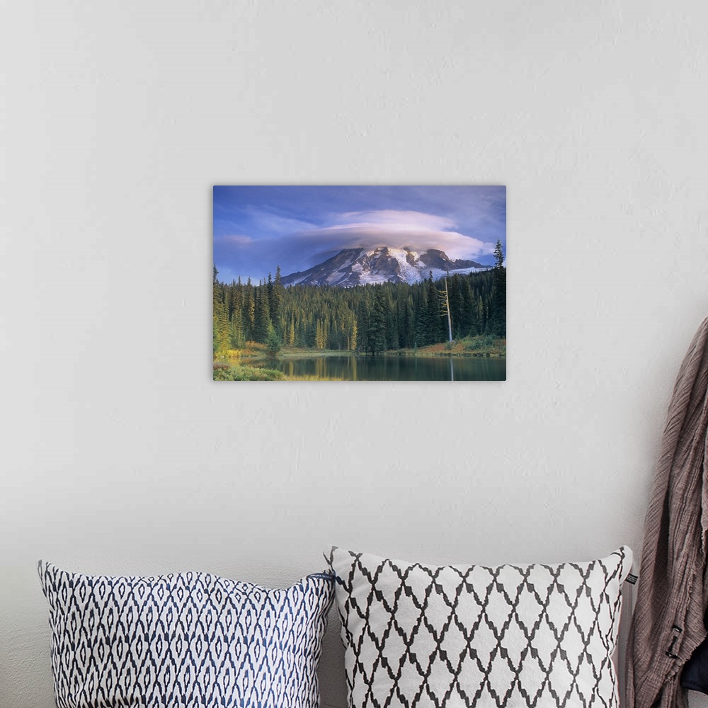A bohemian room featuring Washington, Mt. Rainier National Park, Mt. Rainier with lenticular cloud, at Reflection Lake.