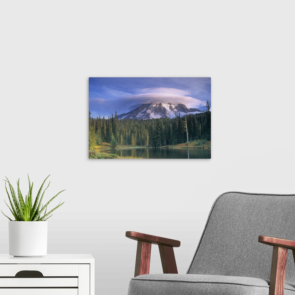 A modern room featuring Washington, Mt. Rainier National Park, Mt. Rainier with lenticular cloud, at Reflection Lake.