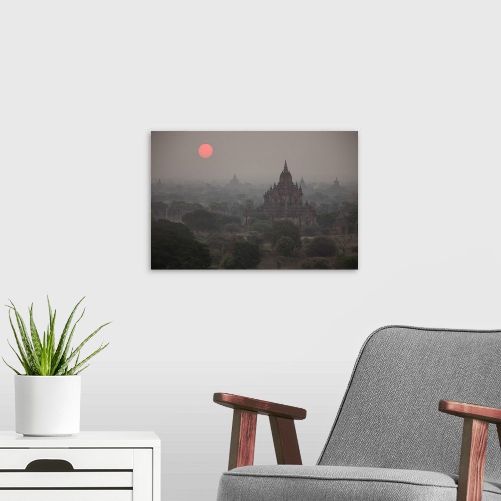 A modern room featuring Myanmar, Bagan. Sunrise on Buddhist temples.