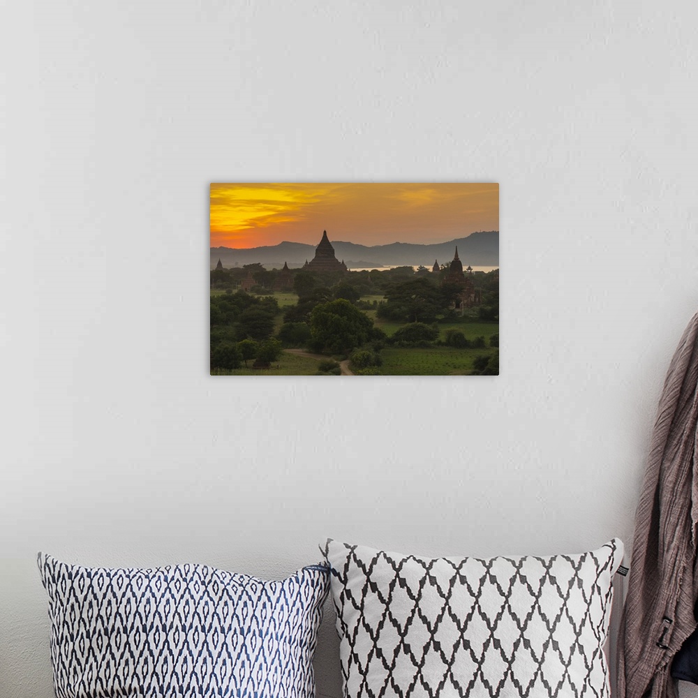 A bohemian room featuring Myanmar. Bagan. Sunset over the temples of Bagan.