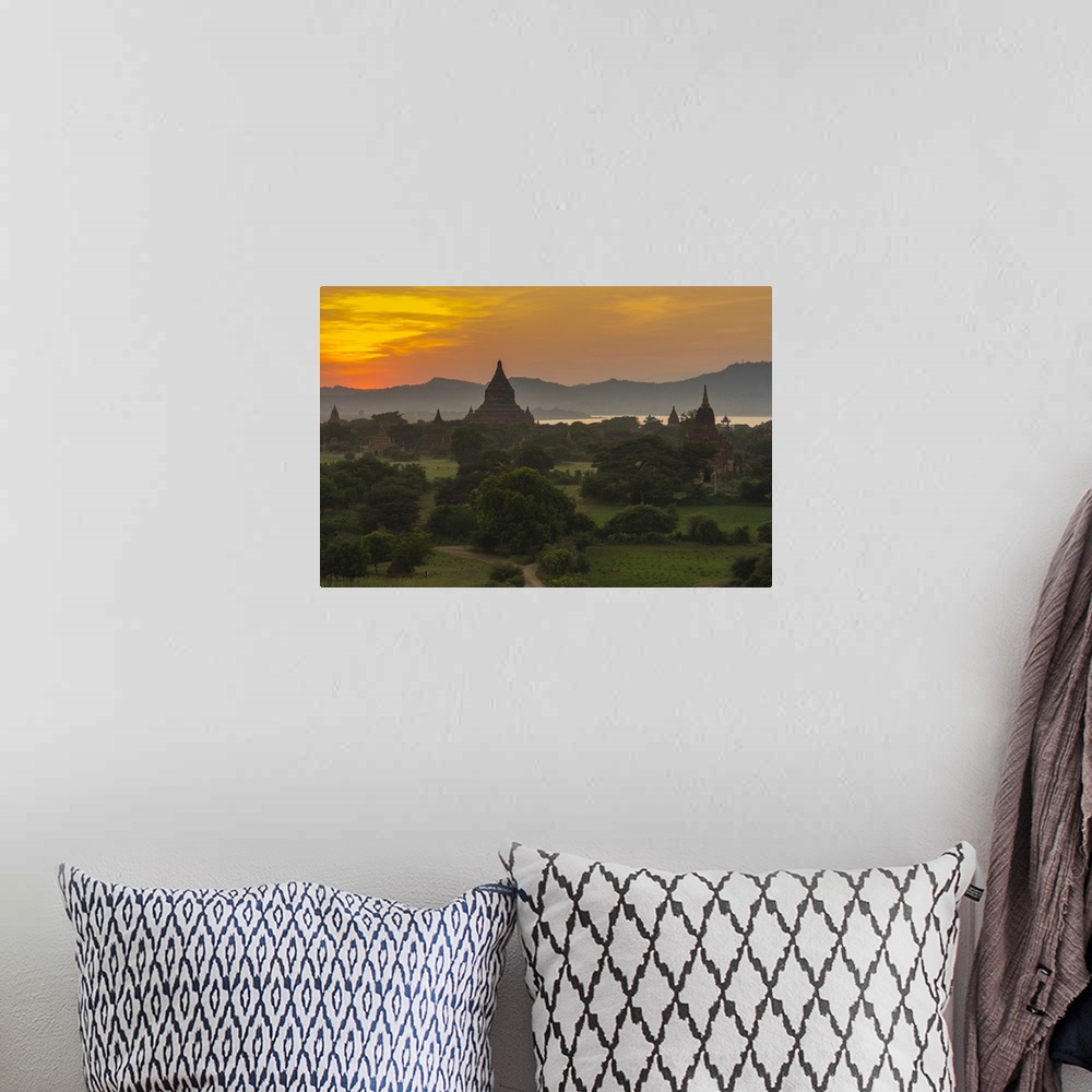 A bohemian room featuring Myanmar. Bagan. Sunset over the temples of Bagan.