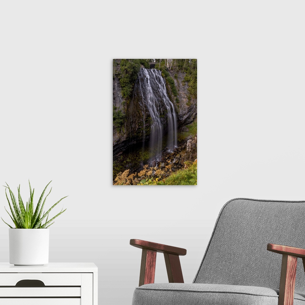 A modern room featuring Narada Falls in Mount Rainier National Park, Washington State, USA.